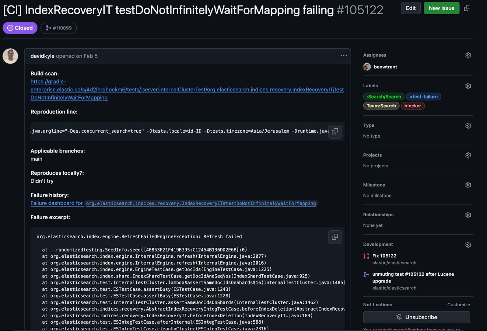 GitHub issue for elasticsearch/issues/105122